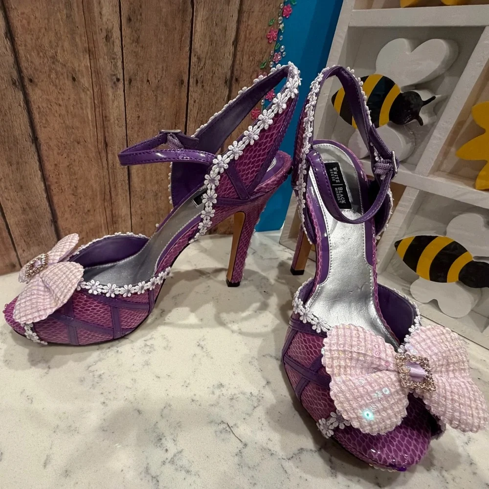Artisan custom hand-adorned statement heels in shades of purple, embellished sz9